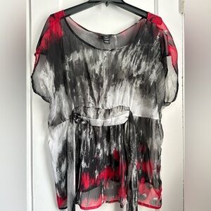 Apostrophe Women's Sheer Black and Red Short Sleeves Tie at Back Top, Size: XL